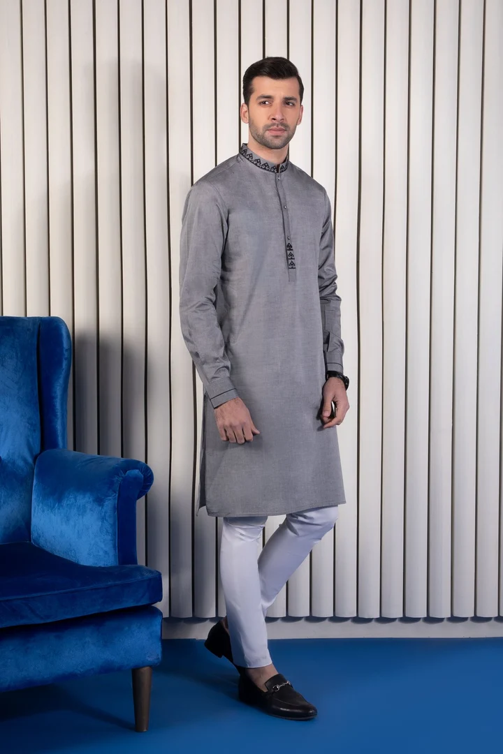 Boys Eid Kurta with Embroidery Gray Cotton | Mastorat
