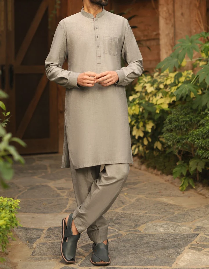 Men Eid Outfit in Steel Gray Color Poly Cotton Shalwar Kameez | Mastorat