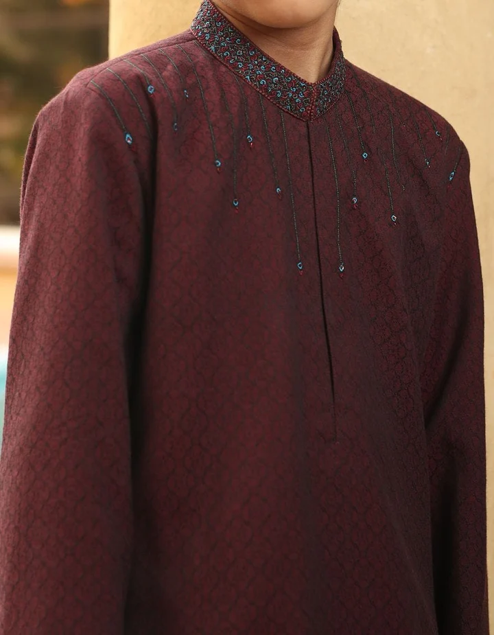 Maroon Pakistani Boys Kurta With Embroidery | Mastorat
