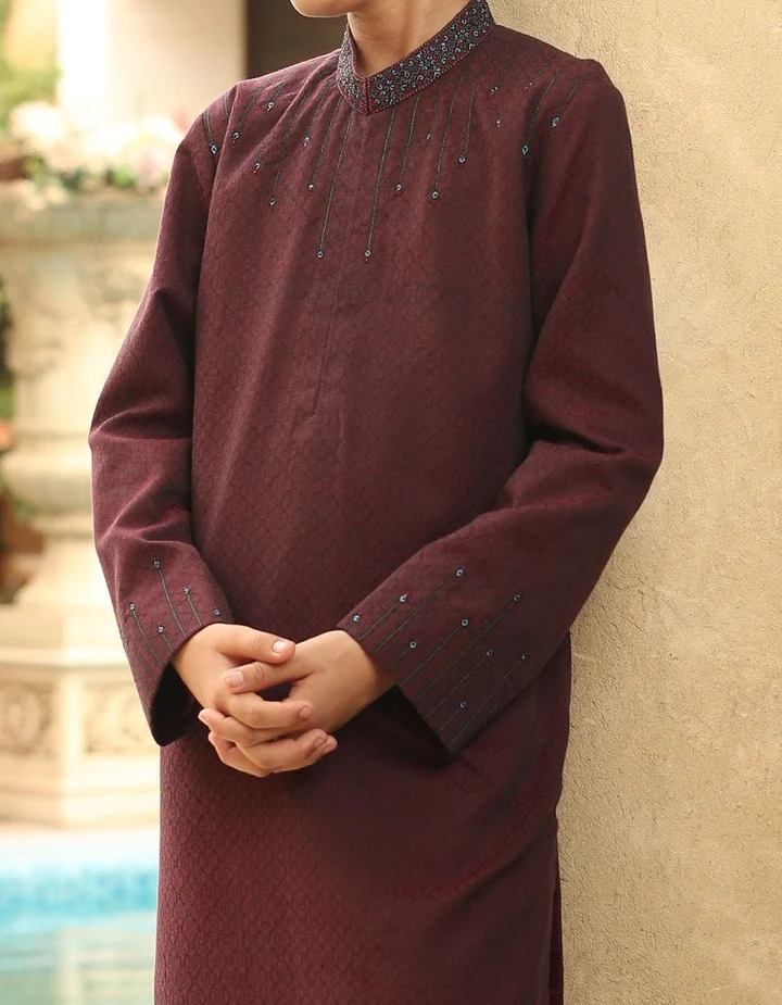 Maroon Pakistani Boys Kurta With Embroidery | Mastorat