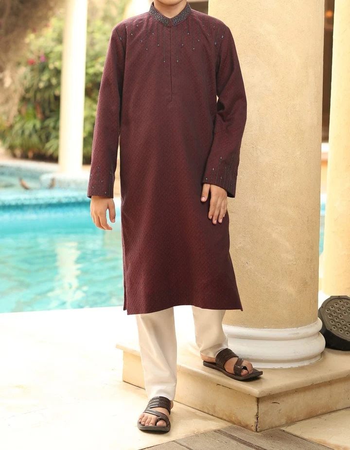 Maroon Pakistani Boys Kurta With Embroidery | Mastorat