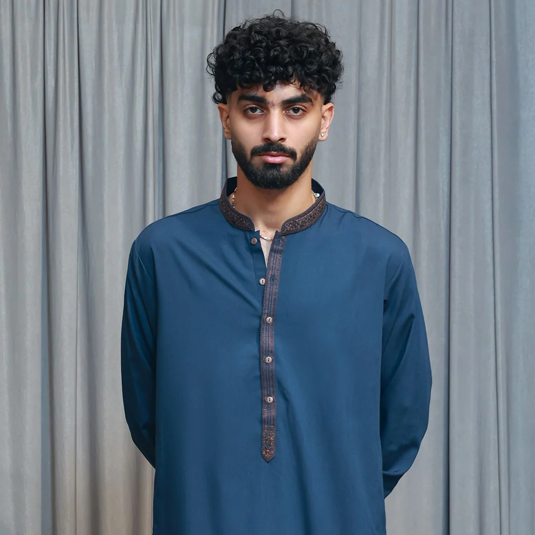 Classic Fit Emb Band Collar Suit Blue Wing Teal | Mastorat