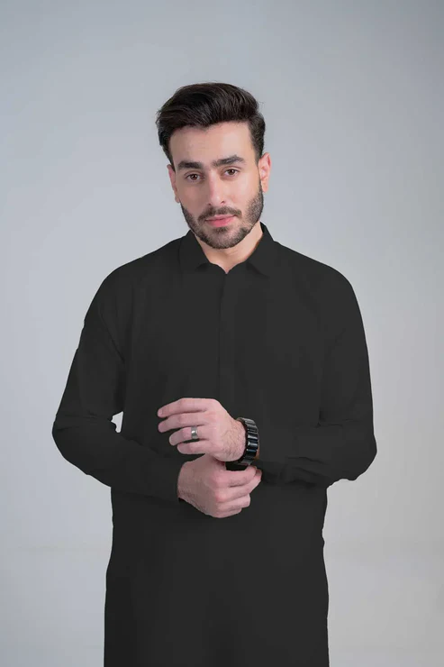 Black Collar Wash & Wear Shalwar Kameez for Men | Mastorat