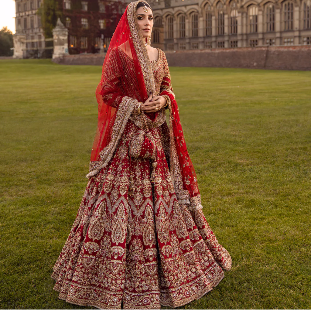 Raeni Red Bridal Lehenga Choli – Luxury Hand Embellished Pakistani Bridal Dress | Mastorat