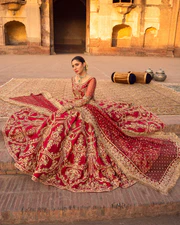 Mastorat Arusa Red Raw Silk Hand Embellished Bridal Lehenga
