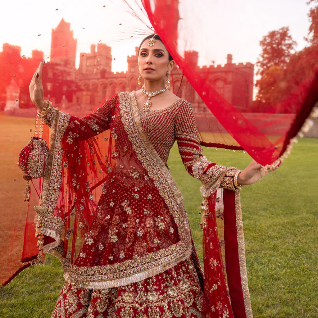 Raeni Red Bridal Lehenga Choli – Luxury Hand Embellished Pakistani Bridal Dress | Mastorat