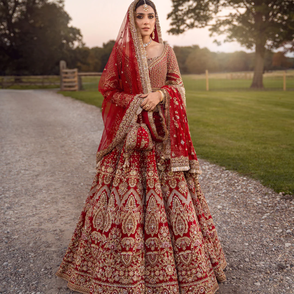 Raeni Red Bridal Lehenga Choli – Luxury Hand Embellished Pakistani Bridal Dress | Mastorat