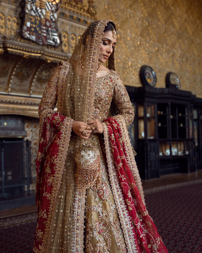 Ghina Gold & Red Bridal Lehenga Choli | Luxury Pakistani Bridal Dress – Mastorat