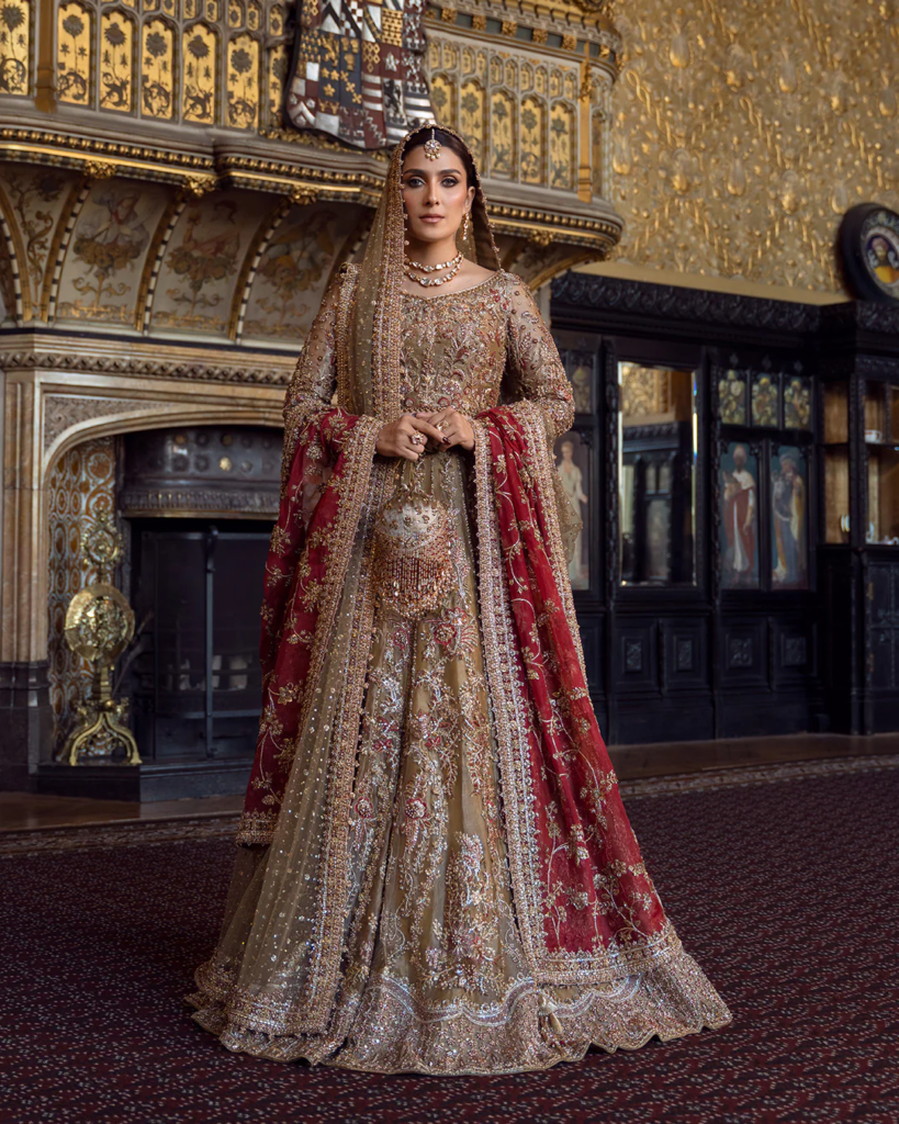 Ghina Gold & Red Bridal Lehenga Choli | Luxury Pakistani Bridal Dress – Mastorat