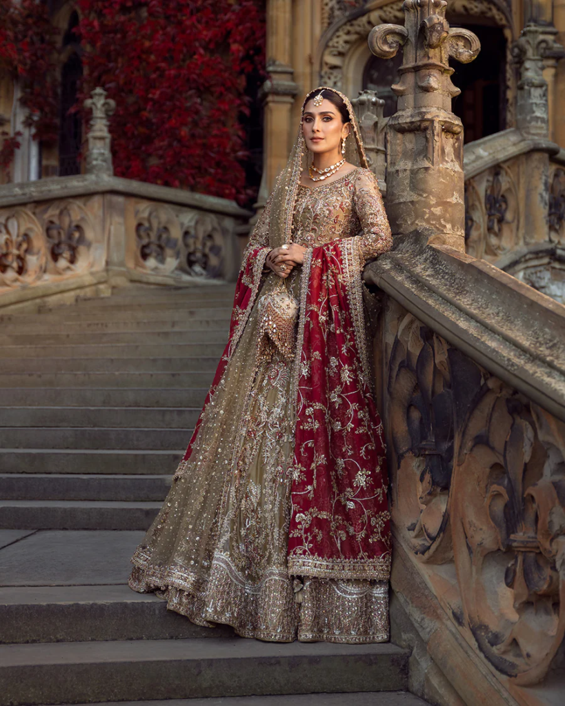 Ghina Gold & Red Bridal Lehenga Choli | Luxury Pakistani Bridal Dress – Mastorat